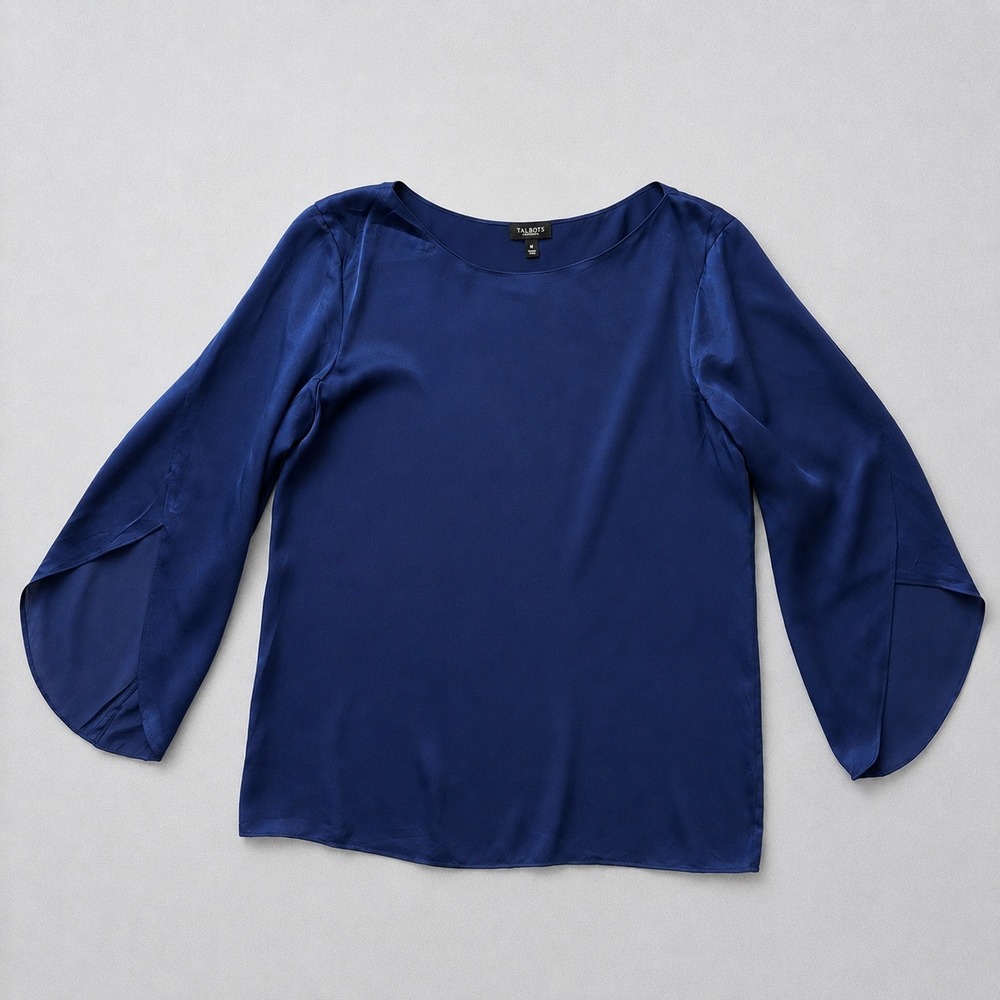 Talbots Blouse Size 10 Blue Silk Flared Sleeve Minimalist Old Money Quiet Luxury